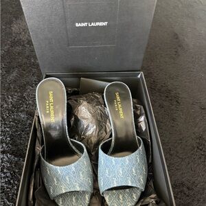 Saint Laurent Denim Monogram Slide Mules in Blue